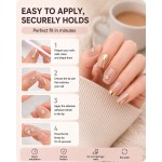 Nude Square Press‑On Nails, Luxury False Nails With Gold Wavy Lines & Rhinestone Flower Charms